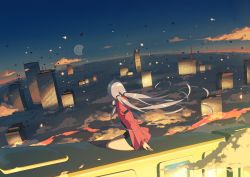 Rule 34 | 1girl, above clouds, absurdres, ahoge, black shorts, blue sky, building, cloud, crescent moon, facing away, fantasy, from behind, highres, jacket, long sleeves, moon, open clothes, open jacket, quad tails, red jacket, shorts, sitting, sky, skyscraper, soles, solo, streetcar, tomato (lsj44867), vocaloid, vocanese, wide shot, xingchen