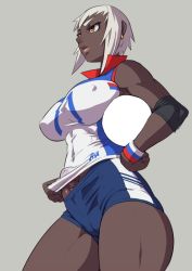 Rule 34 | 1girl, ball, breasts, bulge, covered erect nipples, dark-skinned female, dark skin, earrings, elbow pads, erection, erection under clothes, flaccid, futanari, grey background, hand on own hip, holding, holding ball, huge breasts, jewelry, mikoyan, muscular, muscular female, penis, penis peek, short shorts, shorts, solo, sportswear, sweatband, volleyball (object), volleyball uniform, white hair
