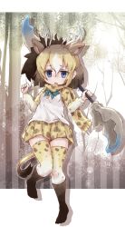Rule 34 | 10s, 1girl, animal ears, animal print, blonde hair, blue eyes, blue neckwear, bow, bowtie, brown hair, clenched hands, commentary request, highres, horns, kemono friends, kolshica, long sleeves, multicolored hair, no shoes, pleated skirt, scarf, short hair, sivatherium (kemono friends), skirt, socks, standing, standing on one leg, sweater, tail, thighhighs, vest, weapon, zettai ryouiki