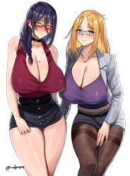 Rule 34 | 2girls, absurdres, bangs pinned back, bare shoulders, belt, black choker, blonde hair, blue eyes, blush, borrowed character, braid, breasts, celyn404, choker, cleavage, curvy, earrings, folded hair, glasses, grey skirt, hair over shoulder, hair pulled back, high-waist skirt, highres, huge breasts, inne sulistya robin, jewelry, looking at viewer, looking to the side, midriff, mole, mole on breast, multiple girls, necklace, norman maggot, office lady, original, pantyhose, shirt, sidelocks, single braid, single earring, skirt, sleeveless, sleeveless shirt, smile, teacher, thighband pantyhose, thighs, twitter username, white background, yellow eyes