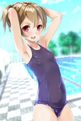 Rule 34 | 1girl, absurdres, armpits, arms behind head, arms up, blue one-piece swimsuit, blue sky, blurry, blurry background, blush, breasts, brown hair, chain-link fence, commentary request, covered navel, cowboy shot, day, depth of field, fence, highres, kntrs (knyrs), looking at viewer, one-piece swimsuit, open mouth, outdoors, ponytail, pool, poolside, red eyes, school swimsuit, shiny clothes, shiny skin, short hair, silica, sky, small breasts, smile, solo, standing, swimsuit, sword art online