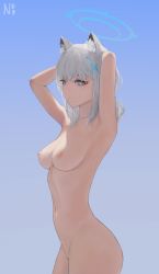 Rule 34 | 1girl, animal ear fluff, animal ears, armpits, arms up, blue archive, blue background, blue eyes, breasts, cat ears, completely nude, cowboy shot, cross hair ornament, gradient background, hair ornament, halo, highres, long hair, medium breasts, navel, nipples, nude, numb3r 3, shiroko (blue archive), solo, standing, white hair