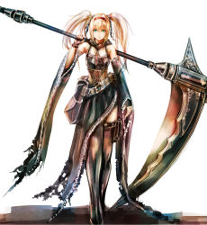Rule 34 | 1girl, black dress, black footwear, black sleeves, blonde hair, boots, closed mouth, detached sleeves, dress, full body, green eyes, hair between eyes, hairband, highres, holding, holding scythe, holster, long hair, long sleeves, looking at viewer, original, red hairband, scythe, simple background, sleeveless, sleeveless dress, solo, standing, sushi (sashimise), thigh boots, thigh holster, twintails, white background, wide sleeves