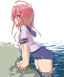 Rule 34 | 10s, 1girl, blue one-piece swimsuit, blush, cowboy shot, dd (ijigendd), from side, hair ornament, i-58 (kancolle), kantai collection, one-piece swimsuit, partially submerged, pink hair, poolside, profile, red eyes, school swimsuit, school uniform, serafuku, short hair, solo, swimsuit, swimsuit under clothes, wading, water