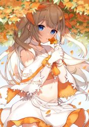 Rule 34 | 1girl, :o, bare shoulders, blue eyes, blush, brown hair, clothing cutout, commentary, flower, gloves, hair ribbon, hands up, holding, holding flower, long hair, looking at viewer, navel, orange flower, orange ribbon, original, parted lips, ribbon, sailor collar, shirt, shoulder cutout, skirt, solo, twitter username, two side up, very long hair, white gloves, white sailor collar, white shirt, white skirt, yamabukiiro