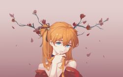 Rule 34 | 1girl, absurdres, bare shoulders, black ribbon, blue eyes, chinese commentary, closed mouth, commentary request, dress, falling petals, flower, hair between eyes, hair ribbon, hand in own hair, hand up, highres, long hair, looking at viewer, mudined, neon genesis evangelion, off shoulder, orange hair, petals, pink background, red dress, red flower, ribbon, solo, souryuu asuka langley, upper body