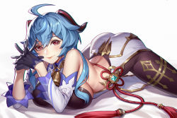 Rule 34 | 1girl, ahoge, bell, blue hair, blush, bodysuit, bow, breasts, cowbell, detached sleeves, ganyu (genshin impact), genshin impact, goat horns, hair bow, highres, horns, large breasts, looking at viewer, lying, on stomach, own hands together, red eyes, sideboob, smile, solo, split, spread legs, yin lan xue