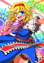 Rule 34 | 1girl, abstract background, alice margatroid, blonde hair, blue eyes, breasts, capelet, cowboy shot, dress, earrings, fang, hairband, highres, impossible clothes, jewelry, large breasts, bridal garter, looking at viewer, open mouth, puppet rings, puppet strings, rindou (p41neko), ring, short hair, solo, touhou