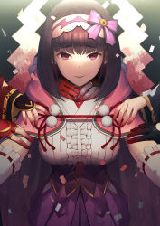 Rule 34 | 1girl, blood, blood on hands, breasts, brown hair, center frills, chair, cloak, detached sleeves, fate/grand order, fate (series), frills, hairband, hood, hoodie, large breasts, long hair, looking at viewer, mash kyrielight, mash kyrielight (ortenaus), osakabehime (fate), out of frame, pink cloak, purple eyes, smile, solo, tamamo no mae (fate/extra), umihotaru harumare, underbust, very long hair