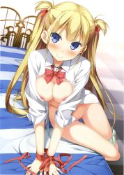 Rule 34 | 1girl, absurdres, alice third macy, arm support, blonde hair, blue eyes, blush, bound, bound wrists, bow, bowtie, breasts squeezed together, breasts, breasts out, checkered floor, cropped, dress shirt, gluteal fold, green panties, hair ribbon, highres, kantoku, koi suru kanojo no bukiyou na butai, large breasts, long hair, nipples, no pants, on bed, open clothes, open shirt, panties, panties around leg, ribbon, scan, shirt, sitting, smile, solo, two side up, underwear, very long hair, wrist ribbon