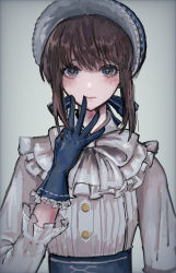 Rule 34 | 1girl, akitsu (davis0527dx), blue eyes, blue gloves, blue headwear, bonnet, bow, brown hair, closed mouth, cross-shaped pupils, dress, emma woods, emma woods (boudoir dream), expressionless, freckles, frilled bonnet, frilled gloves, frilled sleeves, frills, gloves, hand on own face, highres, identity v, looking at viewer, official alternate costume, short hair, short hair with long locks, sidelocks, simple background, solo, symbol-shaped pupils, upper body, white background