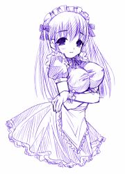 Rule 34 | 1girl, arin, breast hold, breasts, koari, large breasts, light smile, long hair, maid, maid headdress, monochrome, pangya, purple theme, simple background, solo, white background