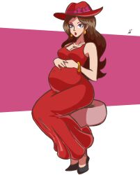 1girl absurdres arbrianarchy belly big_belly brown_hair commentary donkey_kong_(series) dress english_commentary highres long_hair looking_at_viewer mario_(series) navel nintendo outie_navel pauline_(mario) pregnant red_dress sitting stomach super_mario_odyssey very_long_hair