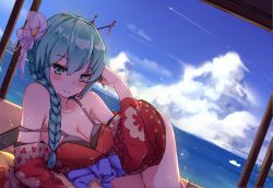 Rule 34 | 1girl, aqua eyes, aqua hair, arm support, blue sky, blush, bra, braid, breasts, cleavage, cloud, contrail, day, dutch angle, grey bra, hair ornament, hair over shoulder, hair stick, hand on own head, hatsune miku, horizon, japanese clothes, kimono, legs together, looking at viewer, lying, medium breasts, naughty face, ocean, off shoulder, on side, red kimono, sash, signature, single braid, sky, smile, solo, strap slip, underwear, vocaloid, water, zhayin-san