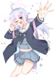 Rule 34 | 1girl, ;d, arm up, backpack, bag, black jacket, black neckerchief, blue archive, blue hair, blush, commentary request, feet out of frame, grey serafuku, grey shirt, grey skirt, hair between eyes, hair ornament, halo, hand up, head tilt, highres, jacket, long sleeves, looking at viewer, low twintails, midriff peek, multicolored hair, navel, neckerchief, one eye closed, open clothes, open jacket, open mouth, pink hair, pleated skirt, purple eyes, reisa (blue archive), rogu (log 264), sailor collar, school uniform, serafuku, shirt, simple background, skirt, smile, solo, standing, standing on one leg, star (symbol), star hair ornament, streaked hair, stuffed animal, stuffed cat, stuffed toy, twintails, v-shaped eyebrows, v over eye, white background, white sailor collar