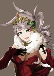 Rule 34 | 10s, 1girl, :d, bee girl, black gloves, bodystocking, breasts, cleavage, diamond (shape), drill hair, eyelashes, facial mark, fur collar, gloves, granblue fantasy, green eyes, green hair, grey background, grey hair, hand on own chest, arthropod girl, large breasts, long hair, looking at viewer, matching hair/eyes, medium breasts, open mouth, pale skin, queen bee (granblue fantasy), side ponytail, simple background, smile, solo, tiara, upper body, utsubokuzu