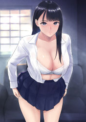 Rule 34 | 1girl, bifidus, black hair, blue eyes, blue skirt, blush, bra, breasts, cleavage, clothes lift, collarbone, couch, cowboy shot, highres, indoors, large breasts, long hair, long sleeves, looking at viewer, original, panties, panty pull, parted bangs, parted lips, school uniform, shirt, skirt, skirt lift, unbuttoned, underwear, undressing, white bra, white panties, white shirt, window
