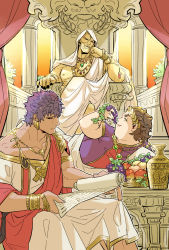 Rule 34 | 3boys, alternate costume, black sclera, brown hair, caligula (fate), colored sclera, column, eating, fate/grand order, fate (series), food, fruit, grapes, greco-roman clothes, highres, jewelry, gaius julius caesar (fate), koryuu (gackter10), leaf, looking at viewer, male focus, multiple boys, open mouth, pillar, purple hair, reading, red eyes, roman clothes, romulus (fate), scroll, short hair, smile, stone pillar, trait connection