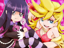 Rule 34 | 10s, 2girls, bad id, bad pixiv id, bare shoulders, blonde hair, breasts, candy, cleavage, dress, eyeshadow, food, lollipop, long sleeves, makeup, medium breasts, multicolored hair, multiple girls, panty &amp; stocking with garterbelt, panty (psg), red dress, satoru nami, siblings, sisters, stocking (psg), striped clothes, striped legwear, striped thighhighs, stuffed animal, stuffed toy, thighhighs, two-tone hair