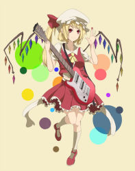 Rule 34 | 1girl, ascot, blonde hair, electric guitar, female focus, flandre scarlet, guitar, haseneko, hat, instrument, left-handed, looking at viewer, mary janes, mob cap, red eyes, shirt, shoes, short sleeves, side ponytail, skirt, smile, socks, solo, touhou, waving, white hat, wings
