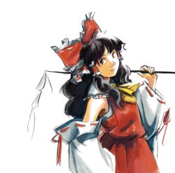 1girl ascot black_hair bow brown_eyes commentary detached_sleeves dress english_commentary esshemasha frilled_bow frills gohei hair_bow hair_tubes hakurei_reimu holding long_hair long_sleeves looking_to_the_side ribbon-trimmed_sleeves ribbon_trim sleeveless sleeveless_dress smile solo touhou