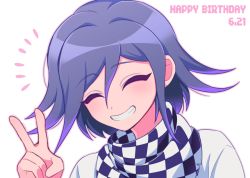 Rule 34 | 1boy, black scarf, blush, checkered clothes, checkered neckwear, closed eyes, commentary request, danganronpa (series), danganronpa v3: killing harmony, dated, facing viewer, grin, happy birthday, male focus, oma kokichi, portrait, purple hair, sasakama (sasagaki01), scarf, short hair, simple background, smile, solo, upper body, v, white background, white scarf