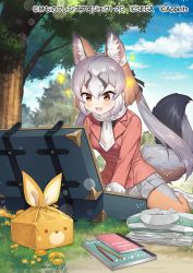Rule 34 | :3, animal ear fluff, animal ears, black shirt, blush, collared shirt, commentary request, extra ears, folded clothes, fox ears, fox girl, fox tail, grey hair, grey pantyhose, grey skirt, island fox (kemono friends), jacket, kemono friends, kemono friends 3, long sleeves, luggage, multicolored hair, necktie, notebook, official art, open mouth, orange eyes, orange hair, orange jacket, orange pantyhose, pantyhose, pencil, pleated skirt, sacanahen, shirt, skirt, solo, sparkle, tail, translation request, twintails, two-tone hair, two-tone legwear, white necktie