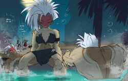 Rule 34 | 1girl, 5boys, alternate universe, armband, bahnloopi, black loincloth, body fur, brown fur, closed eyes, colored skin, commentary, dark skin, dizzy, dragon ball, dragon ball super, english commentary, english text, fluff, highres, in water, japanese macaque, loincloth, lying, monkey, monkey boy, monkey girl, multiple boys, muscular, on back, onsen, open mouth, red skin, saiyan, seeing stars, sitting, squeans, sleeping, son goku, speech bubble, spread legs, vegeta, water, whis, white hair