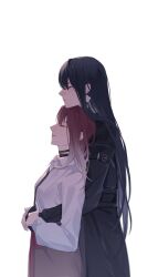 Rule 34 | 2girls, black choker, black coat, black hair, chin rest, choker, closed mouth, coat, collared shirt, earrings, from side, head on head, head rest, highres, holding hands, hug, hug from behind, jewelry, long hair, long sleeves, miix777, multiple girls, path to nowhere, profile, rahu (path to nowhere), scar, scar across eye, shalom (path to nowhere), shirt, simple background, smile, white background, white shirt, yuri