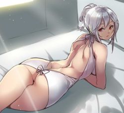 Rule 34 | 1girl, ass, back, bed, dress, houtengeki, looking back, lying, on stomach, red eyes, solo, white hair