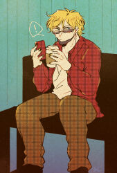 Rule 34 | !, 1boy, :|, alternate costume, artist name, bench, black mask, blue eyes, blush, brown pants, char aznable, closed mouth, coffee cup, cup, disposable cup, feet out of frame, gradient background, gundam, highres, holding, holding cup, holding phone, jacket, long sleeves, looking at viewer, male focus, mask, messy hair, mobile suit gundam, mouth mask, open clothes, open jacket, pants, paper texture, phone, plaid, plaid jacket, plaid pants, red jacket, shiikura, shirt, short hair, sideways glance, signature, sitting, solo, spoken exclamation mark, striped, striped background, sunglasses, white shirt, yellow nails