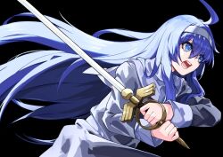 1girl ahoge black_dress blue_eyes blue_hair dress hairband holding holding_sword holding_weapon orie_ballardiae_harada simple_background solo sword tierra_misu under_night_in-birth upper_body weapon white_background white_hairband