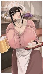 Rule 34 | 1girl, alcohol, apron, artist name, beer, beer mug, black eyes, black hair, breasts, bright pupils, bush, button gap, chichi8181, choppy bangs, cleavage, collarbone, commentary request, cup, eggplant, food, gold necklace, head tilt, highres, holding, holding cup, holding tray, huge breasts, indoors, izakaya, jewelry, kotobuki haruna, looking at viewer, mug, necklace, open mouth, original, pink lips, pink shirt, shirt, sidelocks, smile, solo, standing, tenugui, tofu, tray, waist apron, white pupils