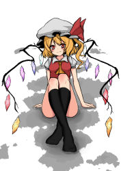 Rule 34 | 1girl, arm support, ascot, black socks, blonde hair, blush, breasts, closed mouth, collared shirt, convenient censoring, flandre scarlet, full body, hat, highres, ikusu (ikustasy), kneehighs, looking at viewer, medium hair, mob cap, no pants, no shoes, orange ascot, rainbow order, red eyes, red ribbon, red vest, ribbon, shirt, short sleeves, sitting, small breasts, smile, socks, solo, touhou, vest, white background, white hat, white shirt, wings
