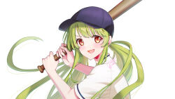 Rule 34 | 1girl, baseball bat, baseball cap, blush, character request, commission, copyright request, from side, green hair, hat, holding, holding baseball bat, long hair, low twintails, open mouth, red eyes, short sleeves, smile, solo, tokifuji kougetsu, twintails, v-shaped eyebrows, virtual youtuber