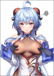 Rule 34 | 1girl, absurdres, ahoge, bare shoulders, black gloves, blue hair, blush, bodystocking, breasts, covering breasts, covering privates, detached sleeves, ganyu (genshin impact), genshin impact, gloves, goat horns, gold trim, highres, horns, kei (soundcross), large breasts, long hair, looking at viewer, parted lips, purple eyes, sidelocks, solo, white sleeves