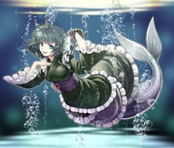 Rule 34 | 1girl, :d, aqua eyes, fins, grey hair, head fins, holding, looking at viewer, mermaid, monster girl, open mouth, short hair, smile, socha, solo, spell card, touhou, underwater, wakasagihime