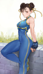 Rule 34 | 1girl, against wall, black gloves, blue bodysuit, bodysuit, breasts, brown eyes, brown hair, capcom, cheshirrr, chun-li, commentary, cowboy shot, crop top, day, double bun, english commentary, eyeliner, field, flower, flower field, fringe trim, gloves, hair ribbon, highres, looking at viewer, makeup, medium breasts, narrow waist, navel, nose, official alternate costume, ribbon, shoes, short hair, skin tight, sleeveless, sneakers, solo, street fighter, street fighter zero (series), studded bracelet, thick thighs, thighs, toned, unitard
