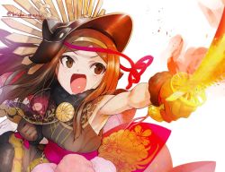 Rule 34 | 1girl, black capelet, black kimono, blush, breasts, brown eyes, brown gloves, brown hair, capelet, chacha (fate), fate/grand order, fate (series), flaming sword, flaming weapon, forehead, fur collar, fur trim, gloves, hairband, helmet, japanese clothes, katana, kimono, koha-ace, long hair, looking at viewer, oda uri, open mouth, parted bangs, sash, sleeveless, sleeveless kimono, small breasts, smile, solo, sword, torichamaru, weapon