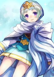 Rule 34 | 1girl, belt, blue hair, cape, dress, feather trim, fire emblem, fire emblem heroes, gradient hair, jewelry, jurge, long sleeves, multicolored hair, nintendo, open mouth, short hair, simple background, smile, solo, tiara, white hair, ylgr (fire emblem)