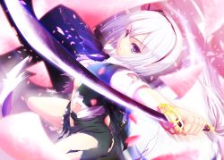 Rule 34 | 1girl, blue eyes, dual wielding, hairband, holding, konpaku youmu, outstretched arms, petals, shirt, short hair, silver hair, skirt, skirt set, solo, spread arms, sword, torn clothes, torn shirt, torn skirt, touhou, vest, weapon, windfeathers
