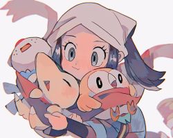 Rule 34 | 1girl, akari (pokemon), blue hair, blush, cheek press, creatures (company), cyndaquil, floating scarf, game freak, gen 2 pokemon, gen 5 pokemon, gen 7 pokemon, grey eyes, head scarf, hinann bot, holding, holding pokemon, nintendo, oshawott, pokemon, pokemon (creature), pokemon legends: arceus, red scarf, rowlet, scarf, shared clothes, shared scarf, smile, starter pokemon trio, upper body, white headwear