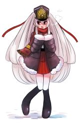 Rule 34 | 1girl, altair (re:creators), black coat, black footwear, blush, boots, breath, coat, cold, crossed bangs, fur trim, hair between eyes, hat, highres, knee boots, knees together feet apart, long hair, long sleeves, looking away, looking to the side, miniskirt, open mouth, pie (aipiepo), pleated skirt, re:creators, red eyes, red scarf, red skirt, scarf, sideways glance, skirt, sleeves past wrists, smile, solo, very long hair, white background, white hair