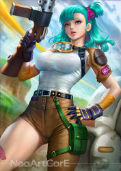 Rule 34 | 1girl, aqua hair, asymmetrical bangs, asymmetrical pants, bandaid, bandaid on cheek, bandaid on face, bandaid on thigh, belt, black belt, blue eyes, blunt bangs, blurry, bow, bra, bra visible through clothes, breasts, brown pants, bulma, cameltoe, capsule corp, cloud, colored eyebrows, cowboy shot, curvy, depth of field, dragon ball, dragon ball (classic), dutch angle, facing viewer, finger on trigger, flying nimbus, gloves, goggles, goggles around neck, green hair, gun, hand on own hip, lips, long hair, looking at viewer, looking down, medium breasts, motor vehicle, motorcycle, name tag, neoartcore, outdoors, pants, parted lips, pink bow, polka dot, polka dot bra, purple gloves, rifle, shirt, short shorts, shorts, side ponytail, signature, single shoulder pad, sky, sleeveless, sleeveless shirt, solo, standing, thighs, toned female, underwear, weapon, white shirt