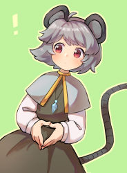 Rule 34 | !, 1girl, animal ears, blush, capelet, closed mouth, dress, green background, grey dress, grey hair, highres, jewelry, long sleeves, mouse ears, mouse tail, nazrin, necklace, outline, own hands together, red eyes, sasa kichi, shirt, simple background, solo, standing, tail, touhou, white outline, white shirt