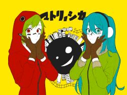 Rule 34 | 2girls, absurdres, alternate eye color, blue eyes, blue hair, brown gloves, commentary, facial mark, gloves, green hair, green jacket, gumi, hanabukuro, hands on own cheeks, hands on own face, hatsune miku, headphones, highres, hood, hood up, hoodie, jacket, long hair, looking at viewer, matryoshka (vocaloid), multicolored eyes, multiple girls, pout, red eyes, red jacket, short hair, smile, song name, track jacket, translation request, twintails, vocaloid, yellow background
