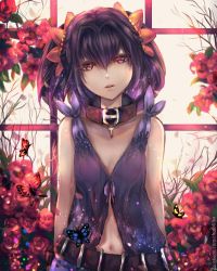 Rule 34 | bare shoulders, bug, butterfly, chalollita, choker, collar, flower, flower hair ornament, garden, hair ornament, highres, insect, looking at viewer, midriff, purple eyes, revealing clothes, signature, symonne (tales), tales of (series), tales of zestiria, twintails, window