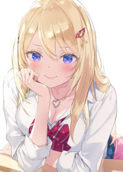 Rule 34 | 1girl, blonde hair, blue skirt, bow, breasts, cleavage, closed mouth, collarbone, collared shirt, commentary request, copyright request, diagonal-striped bow, dress shirt, hair between eyes, hair ornament, hairclip, highres, kani biimu, long hair, long sleeves, looking at viewer, medium breasts, plaid, plaid skirt, pleated skirt, purple eyes, red bow, school uniform, shirt, simple background, skirt, smile, solo, star (symbol), very long hair, white background, white shirt, wing hair ornament