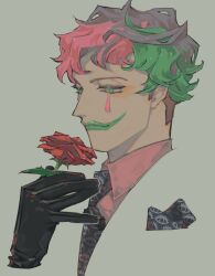 Rule 34 | 1boy, black gloves, blending, closed mouth, collared shirt, commentary request, facial mark, flower, gloves, green eyes, green hair, green lips, grey background, hand up, holding, holding flower, joe rikiichi, joe rikiichi (1st costume), kan (punsukapun), male focus, multicolored hair, necktie, nijisanji, pink hair, pink shirt, pocket square, print necktie, purple hair, purple necktie, red flower, red rose, rose, shirt, short hair, simple background, solo, teardrop facial mark, upper body, virtual youtuber, wing collar