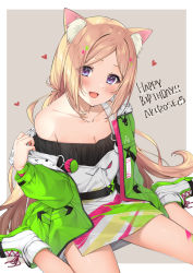 Rule 34 | 1girl, :d, aki rosenthal, aki rosenthal (gaming casual), animal ear fluff, animal ears, blonde hair, blush, cat ears, commentary request, english text, eyes visible through hair, green jacket, happy birthday, heart, highres, hololive, izumi kei, jacket, long hair, long sleeves, looking at viewer, off shoulder, open clothes, open jacket, open mouth, parted bangs, purple eyes, shoes, single bare shoulder, sitting, smile, solo, very long hair, virtual youtuber, wariza, white footwear